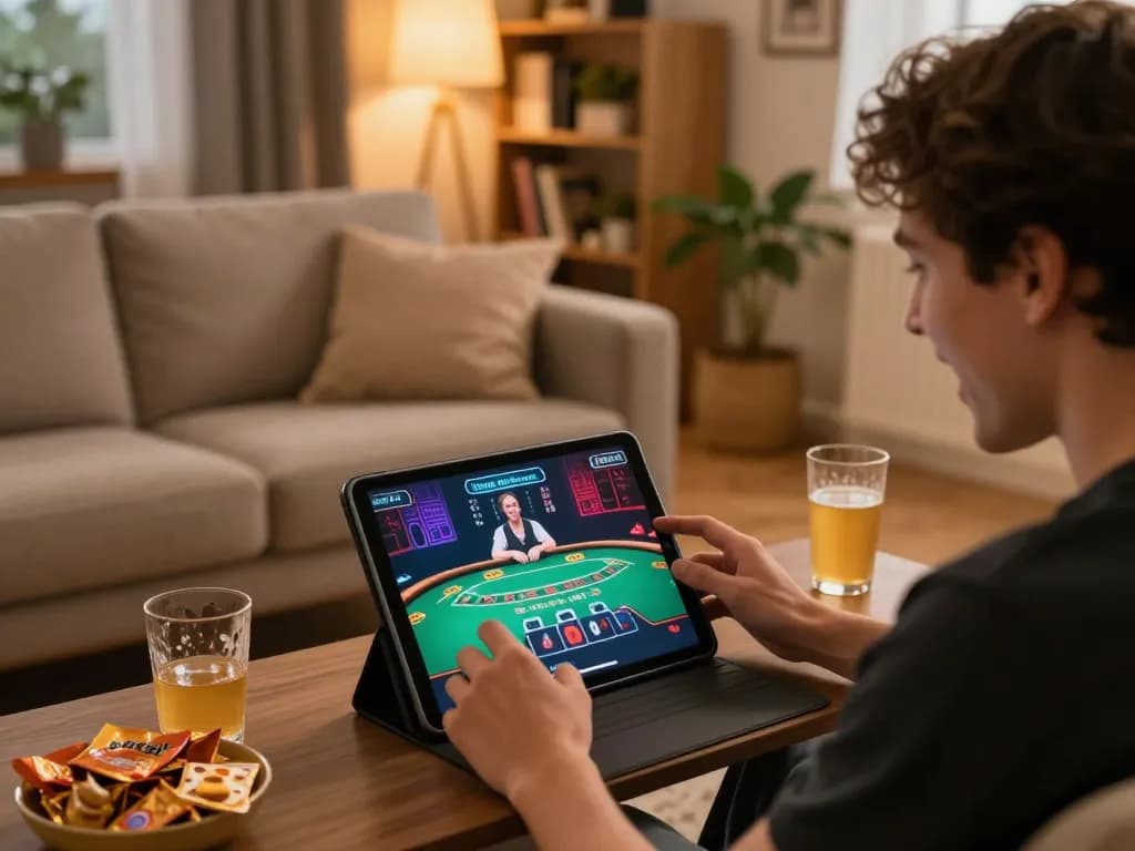 Engaging online gaming scene with a user playing blackjack at https://qtr88.com/, cozy home atmosphere.
