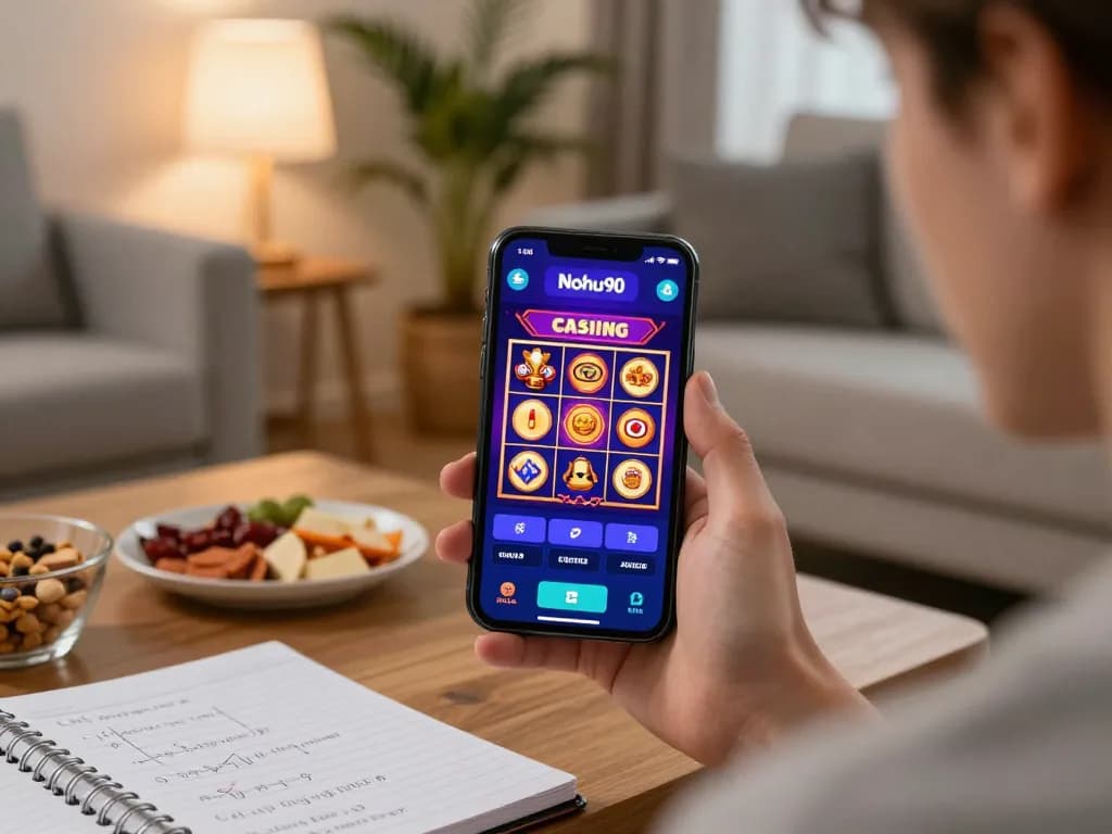 Nohu90 player enjoying mobile casino games while tracking strategies at home
