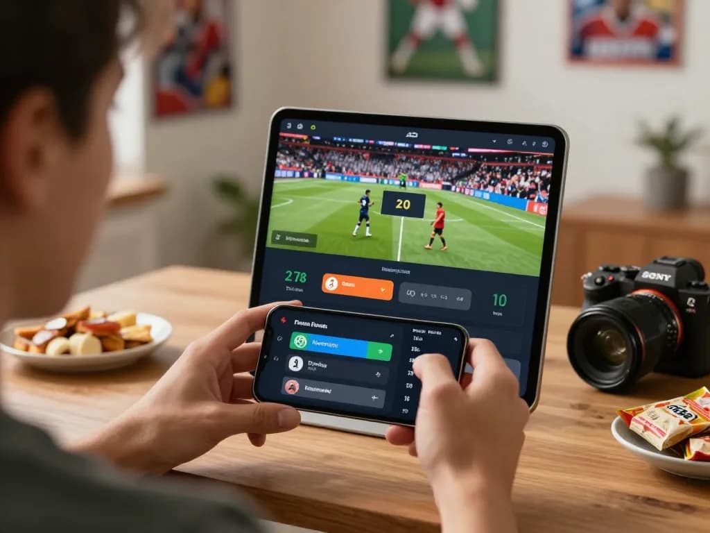 Placing a bet on 789BET app during live sports, showcasing an engaging home environment.