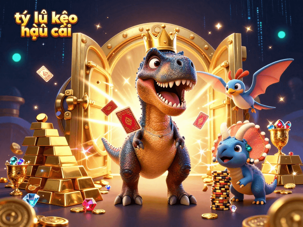Engage with tỷ lệ kèo nhà cái, showcasing a whimsical scene of a T-Rex card dealer surrounded by treasure.