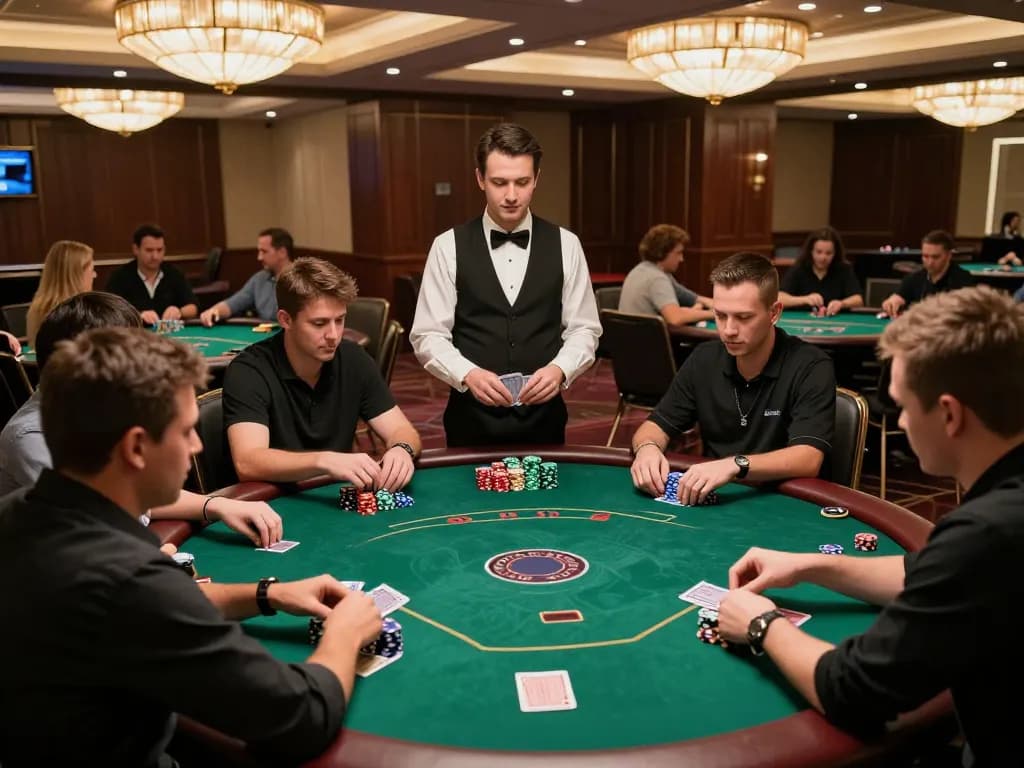 Players engage in a strategic poker game at a luxurious casino, representing Go8's competitive spirit.