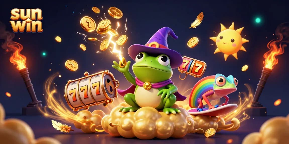 Spin to win at Sun Win with a vibrant and dynamic illustration of a cartoon wizard frog amidst a storm of coins.