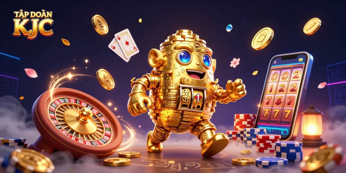 TẬP ĐOÀN KJC engages players with a vibrant casino scene of a golden golem surrounded by gameplay elements.