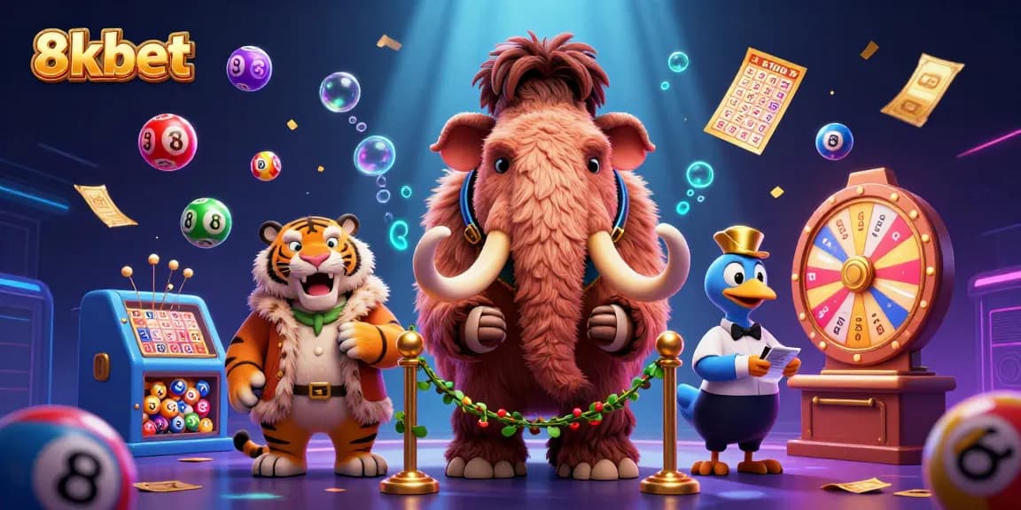 8xbet showcases a vibrant casino scene with a woolly mammoth bouncer, tiger VIP guest, and dynamic game elements.