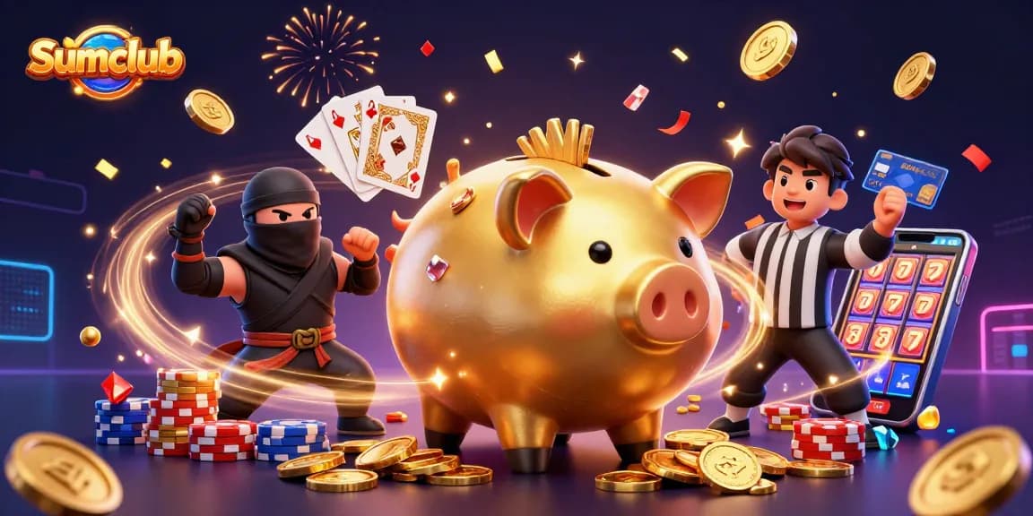 Sumclub offers thrilling casino action featuring a dynamic scene with 3D characters and vibrant gambling elements.