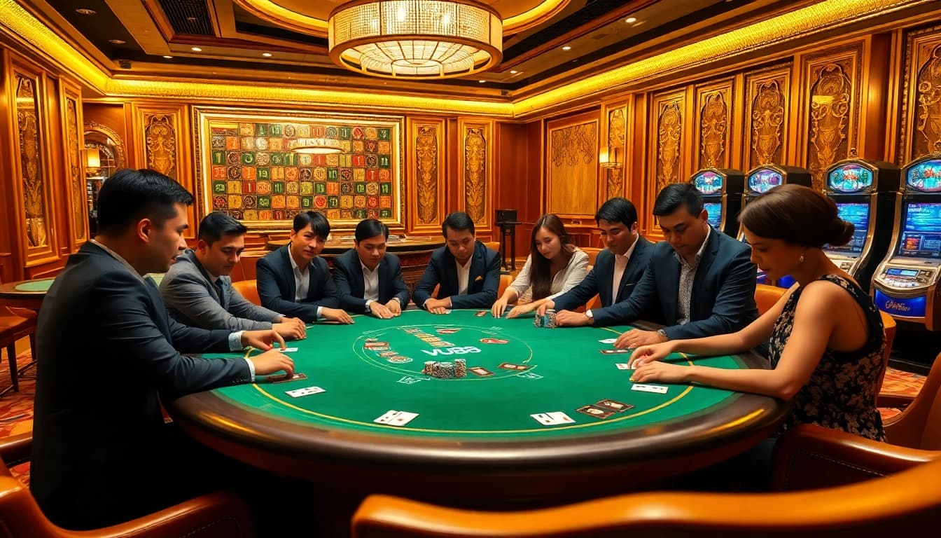 Players strategizing at VU88 poker table, encapsulating high-stakes gambling excitement.