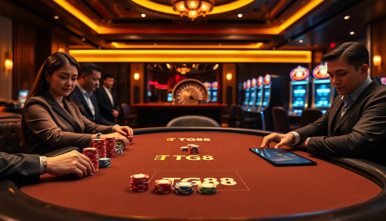 Strategic TG88 poker chip stacking and card dealing in a professional casino setting