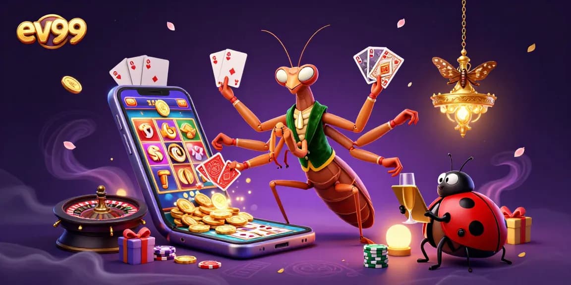 ev99 showcases a vibrant casino scene with a mantis card sharp and ladybug pit boss.