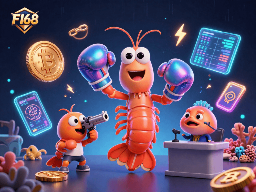 Experience F168's vibrant gameplay in a dynamic 3D rendering with colorful characters and crypto elements.