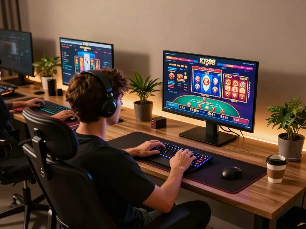Engaging in KP88 online casino gaming with vibrant visuals and a modern setup