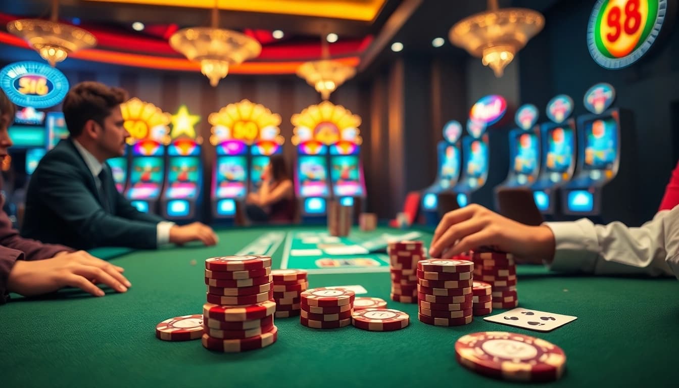 Experience thrilling moments at Nhà cái TG88 casino with vibrant poker games and colorful slot machines.