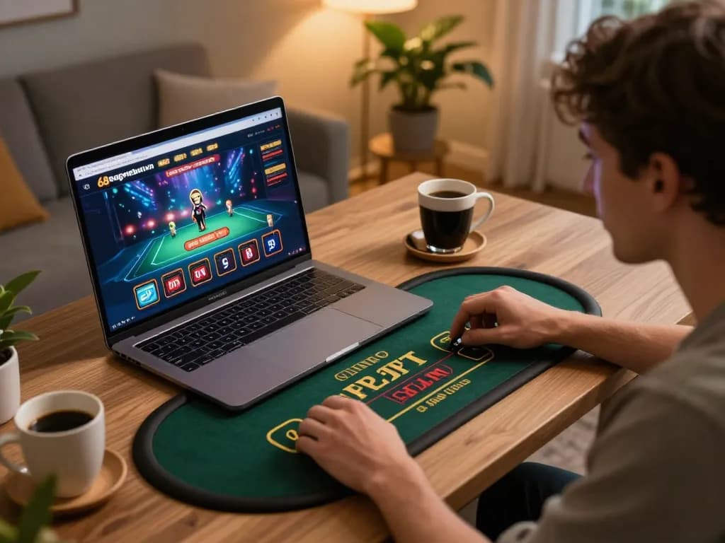 Player engaging with 68gamebaivn on a laptop, emphasizing online casino excitement and strategy