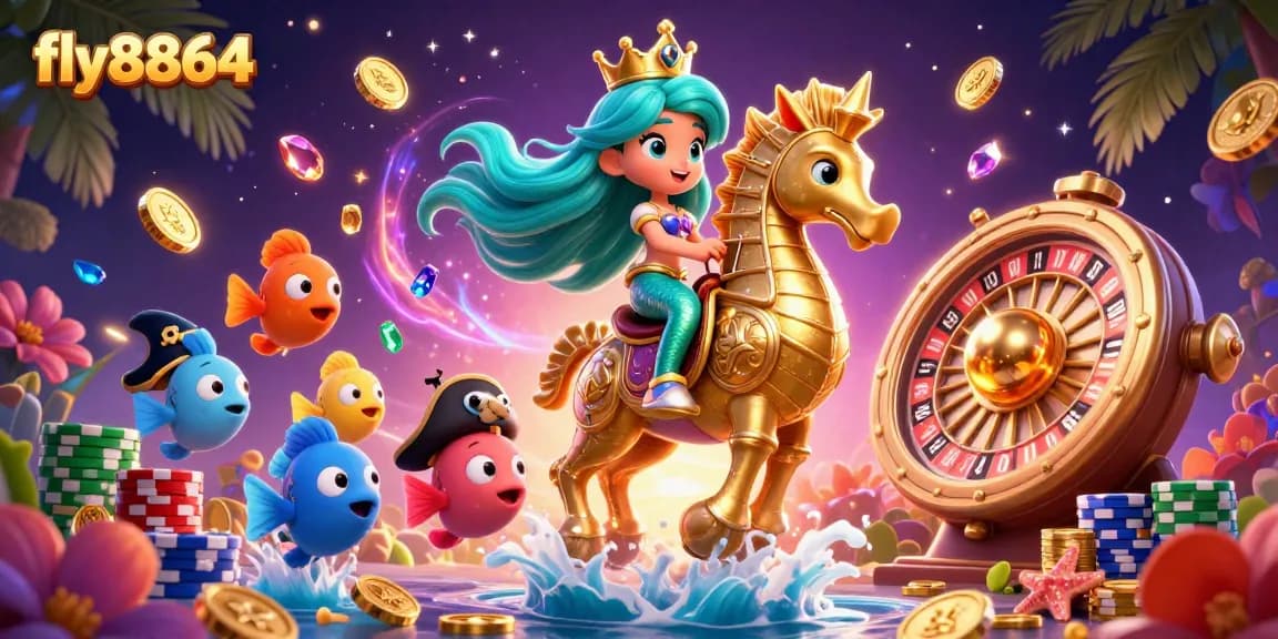 Engage with the exciting games at fly8864 featuring a colorful mermaid princess and dynamic casino elements.