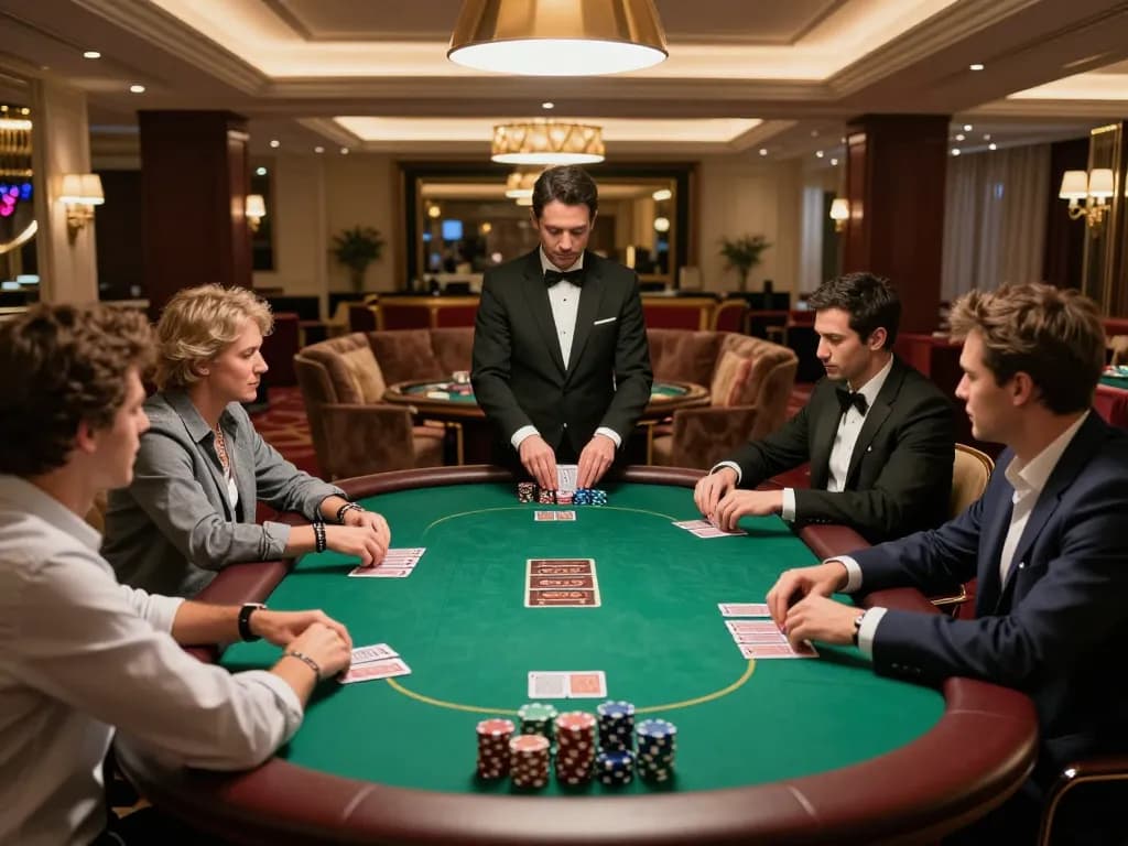 VIPWIN players strategizing at an exclusive poker table with professional dealer.