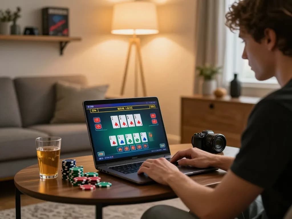 Focused player enjoying an online blackjack game at home, highlighting strategies with 888VND.