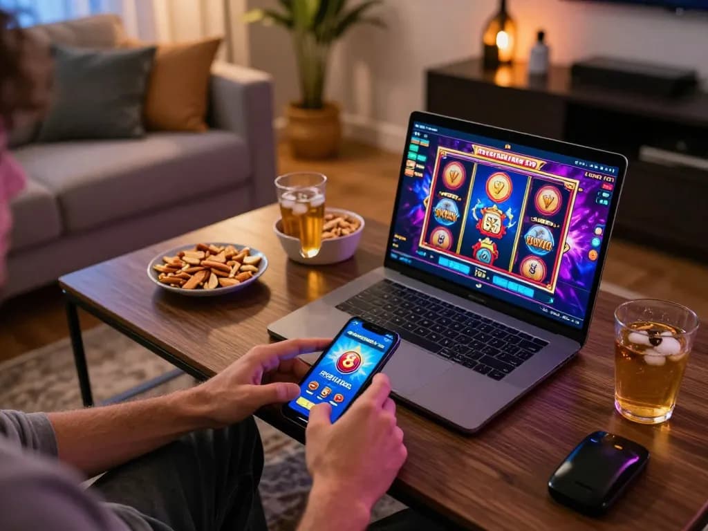 Engaging player enjoying games on the 8day app in a cozy home environment.