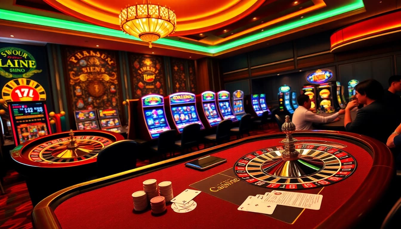 The excitement of gambling at 98win trang chủ showcased with players at a poker table and a spinning roulette wheel.