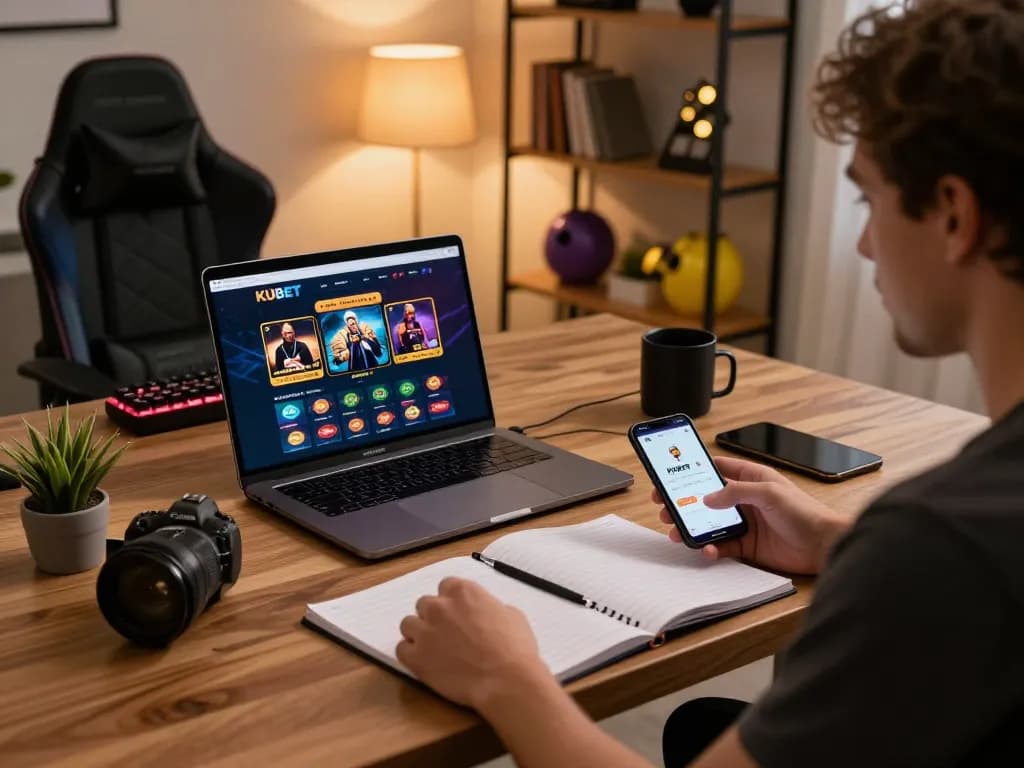 KUBET online gaming scene showcasing a player analyzing strategies at a modern home office.