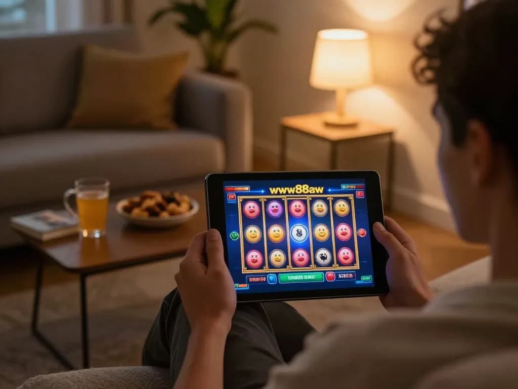 Player enjoying online slots at ww88aw on a tablet in a cozy home setting.