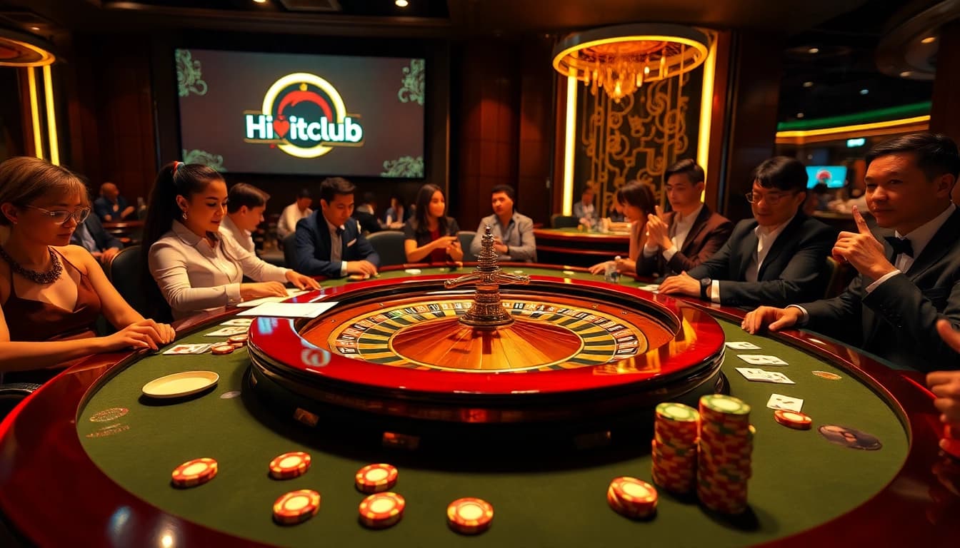 Players enjoying a thrilling game at Nhà cái Hitclub's luxurious casino table, showcasing excitement and strategy.