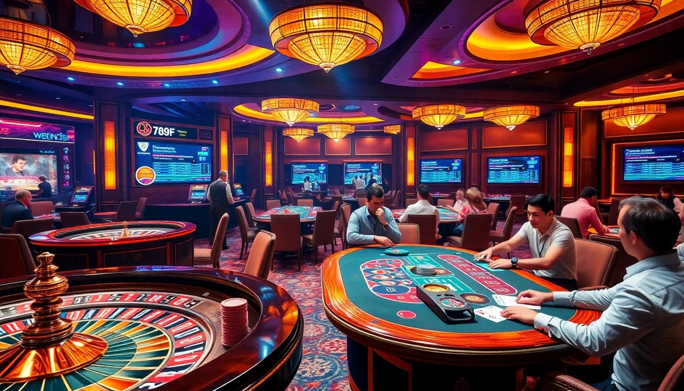Thrilling casino experience at 789F with vibrant roulette wheel and poker tables.