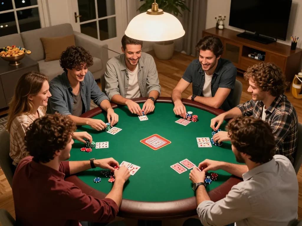 Players enjoy a home poker night, strategizing their next moves at a table while engaging with nagapoker.