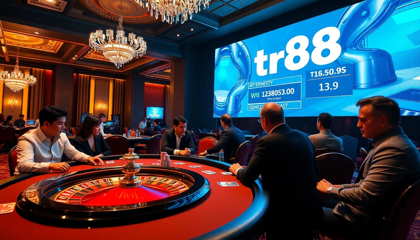 tr88 poker players strategizing at a vibrant casino table with chips and cards.
