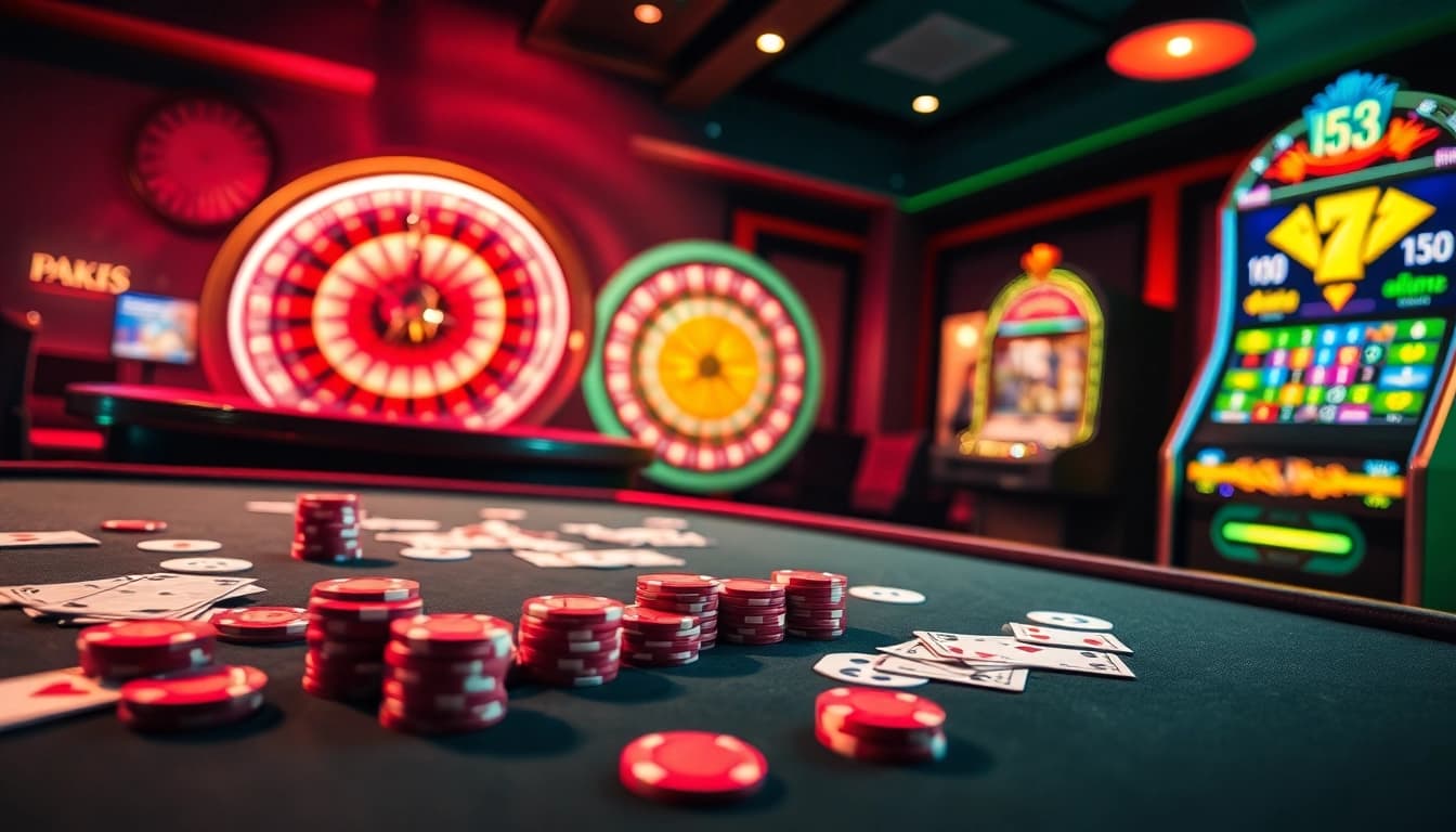 Experience the thrill of the Game LUCK8 with vibrant casino elements featuring roulette, cards, and slot machines.