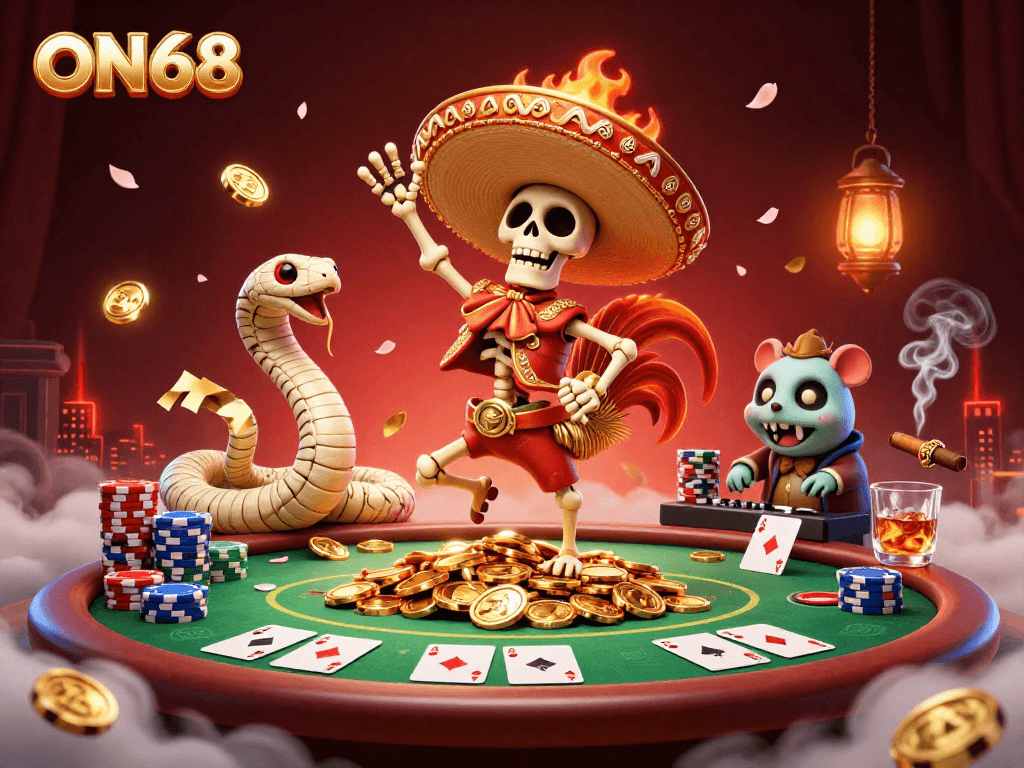 ON68 showcases an exciting scene with a dancing mariachi rooster next to a mummy snake and zombie DJ, celebrating in a vibrant casino backdrop.