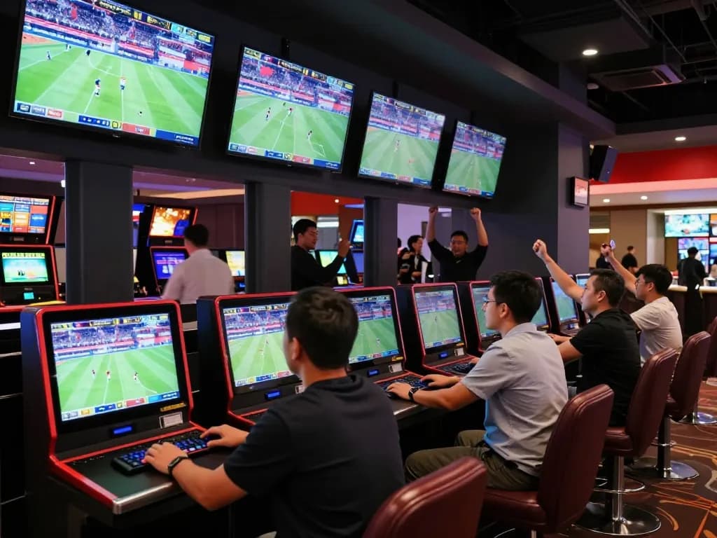 Fans placing bets in a vibrant ZBET sports lounge, highlighting the betting excitement.