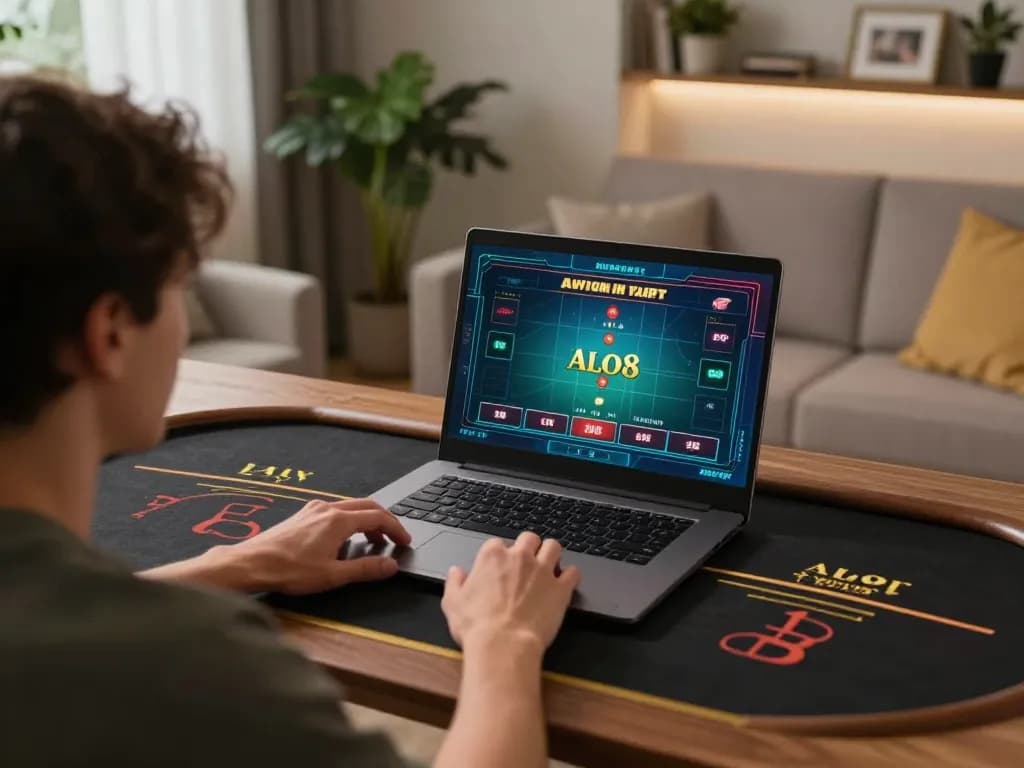 Engaged player enjoying ALO8 live dealer games on laptop, showcasing personal home gaming setup.