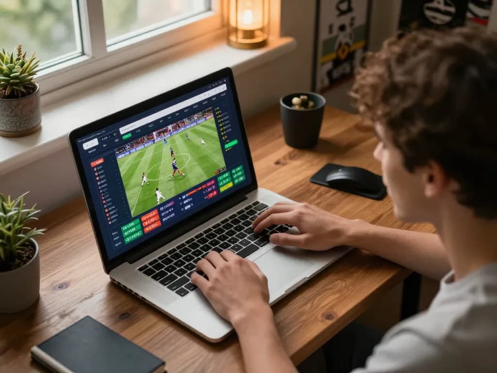 FC88 user enjoying live sports betting on a laptop, showcasing real-time odds and betting slips in a warm home setting.