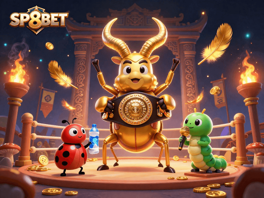 Engage in thrilling gambling action with SP8BET, as a giant golden stag beetle faces off in a vibrant 3D arena.