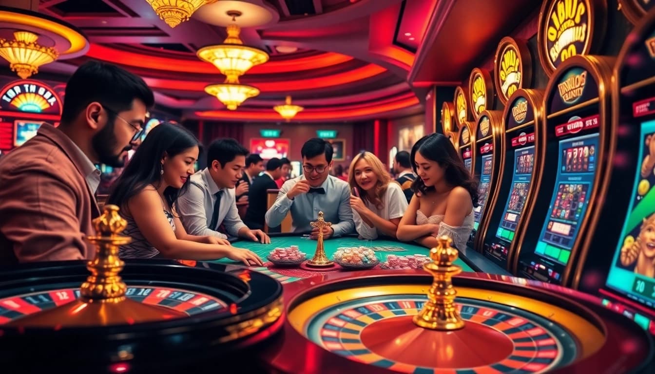 Players enjoying an engaging online casino experience with typhu88, featuring vibrant games and betting action.