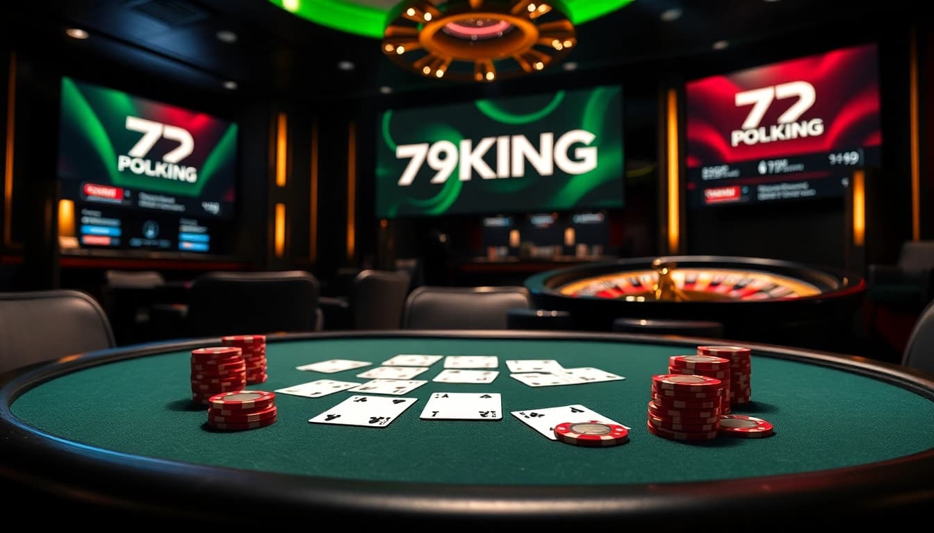 Experience the thrill of online gambling with 79KING at a luxurious poker table filled with high-quality cards and chips.