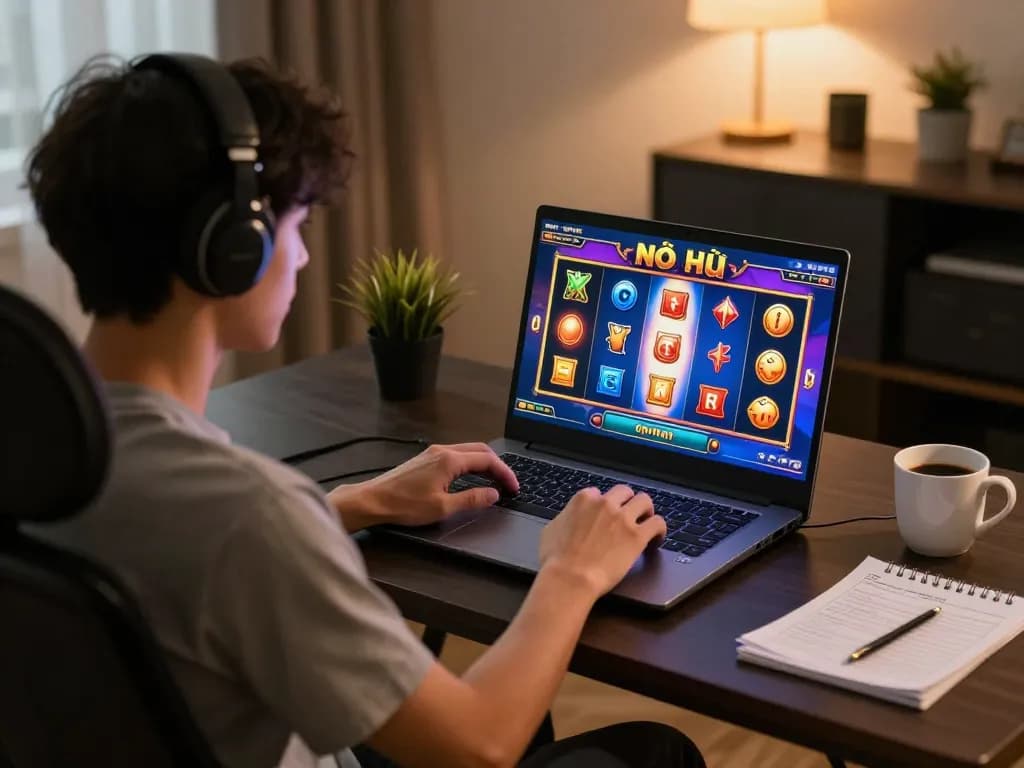 Engaging in nổ hũ online slot gaming at home with vibrant interface.