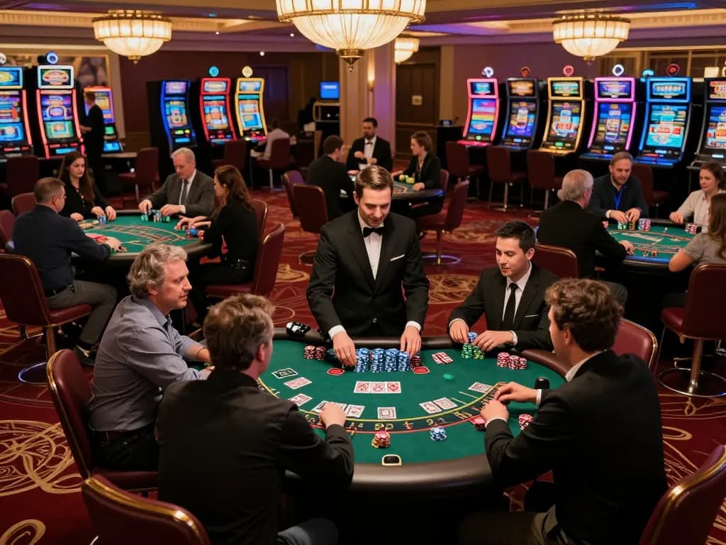 Engaged players strategizing in a zouwin blackjack game, vibrant casino atmosphere.