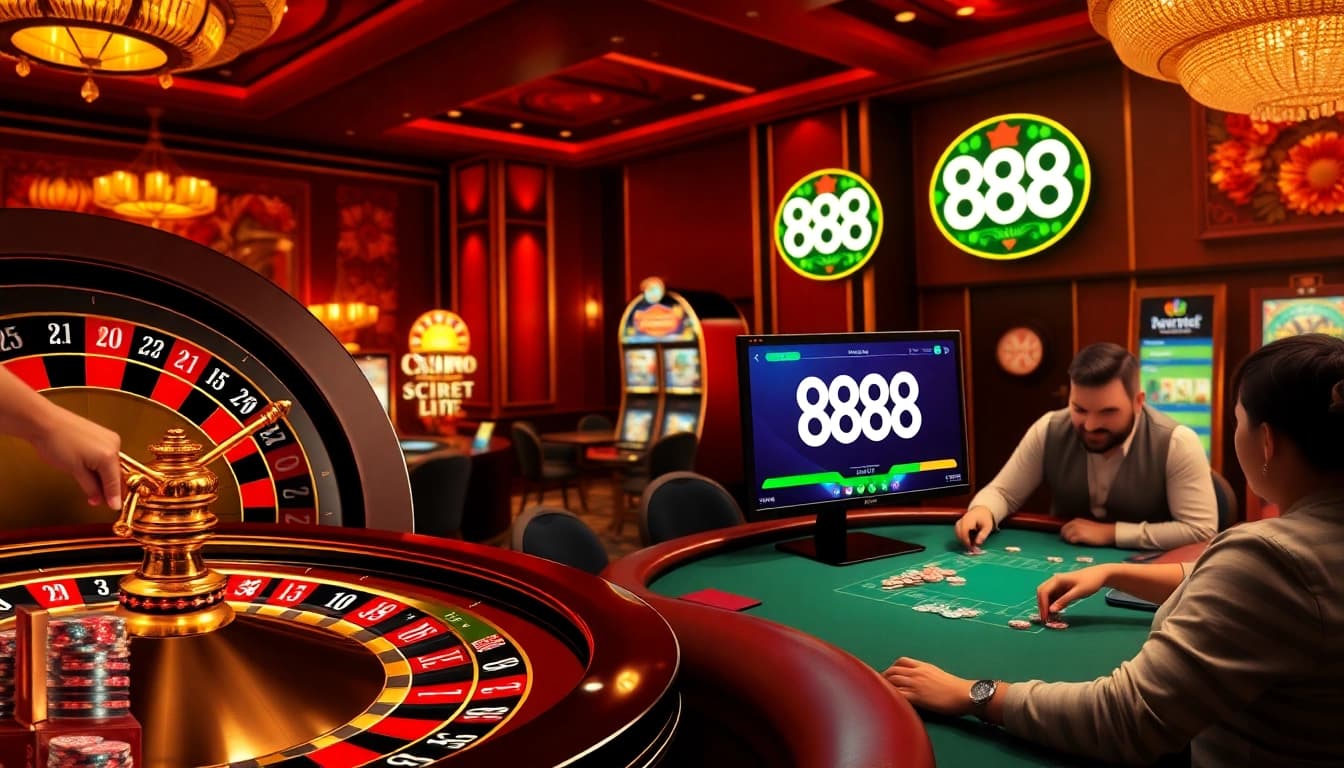 Engaged players excitedly experience 888new .com at a vibrant casino table with roulette and poker chips.