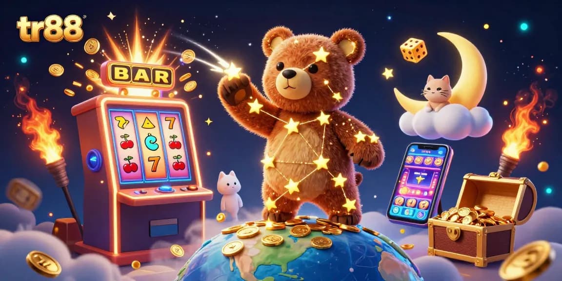 Experience exciting wins at tr88 with a lively 3D casino scene featuring constellation bear and slot machines.