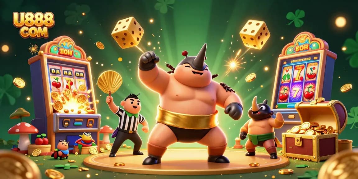 Experience the excitement of U888 COM with a vibrant 3D casino-themed illustration featuring a sumo beetle champion.