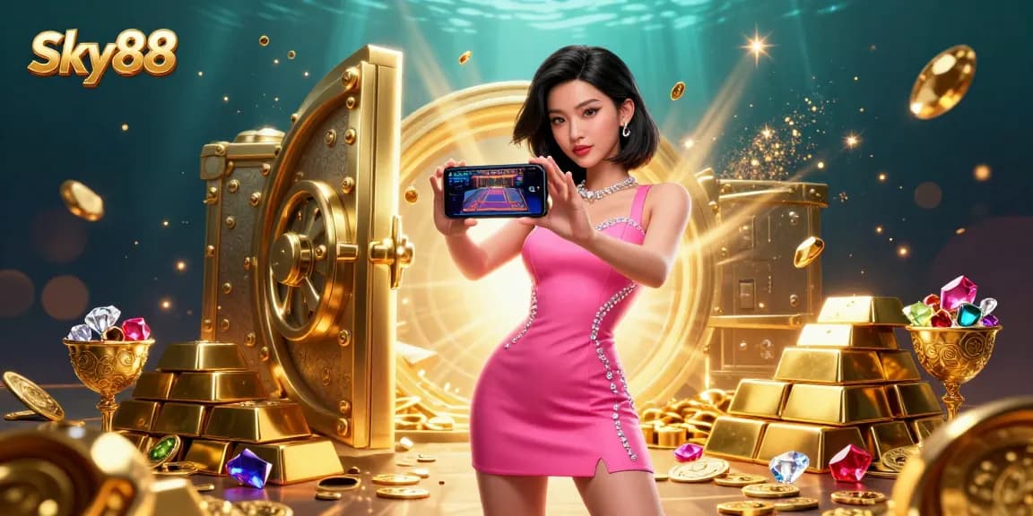 Engage with Sky88 in a vibrant live casino scene featuring a confident Asian woman playing.