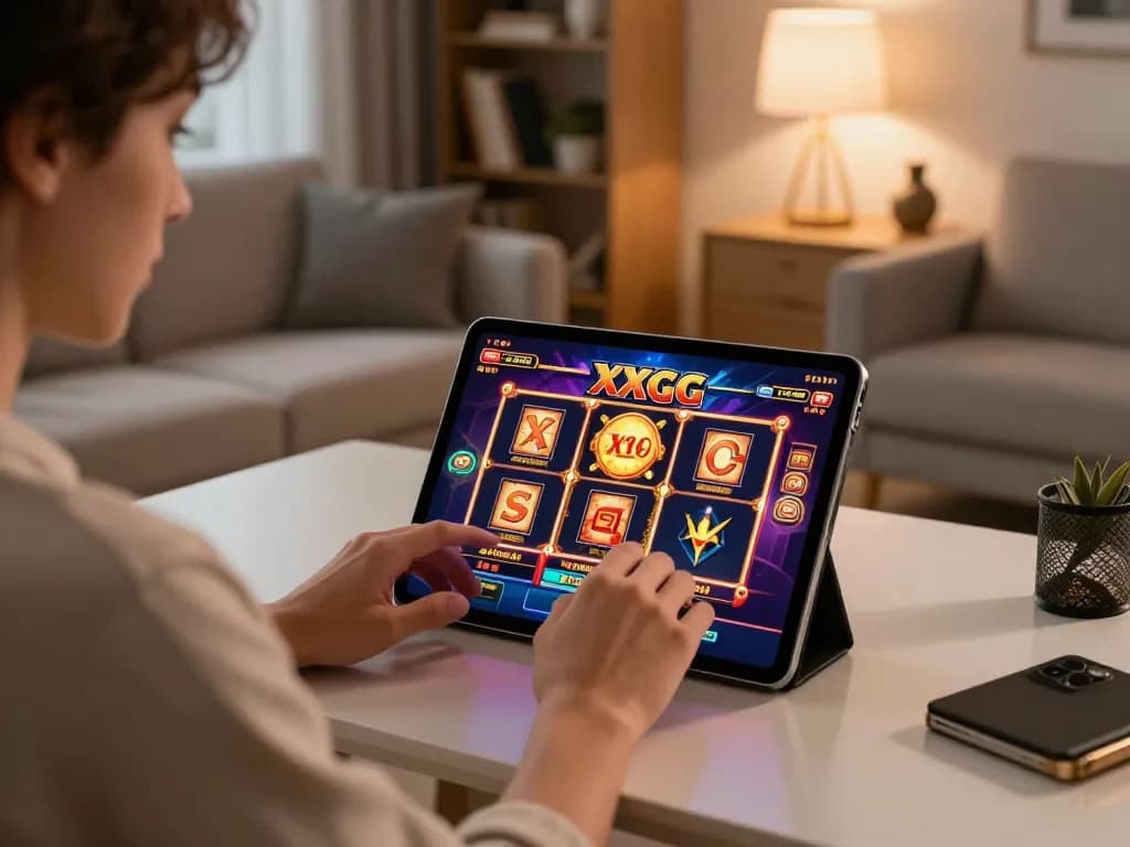 Engaging player enjoying XXGG online slots, showcasing a cozy gaming setup with tablet.
