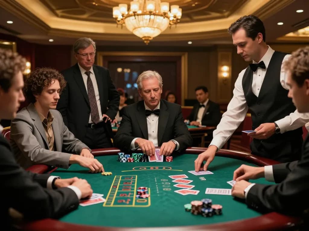 Players strategizing at a blackjack table in an upscale casino, showcasing an exciting 8day gambling scene.