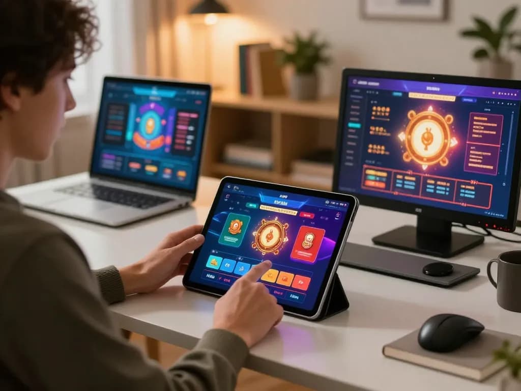 Player engaging with the KKWIN app on a tablet in a stylish home gaming setup, displaying a strategic betting moment.