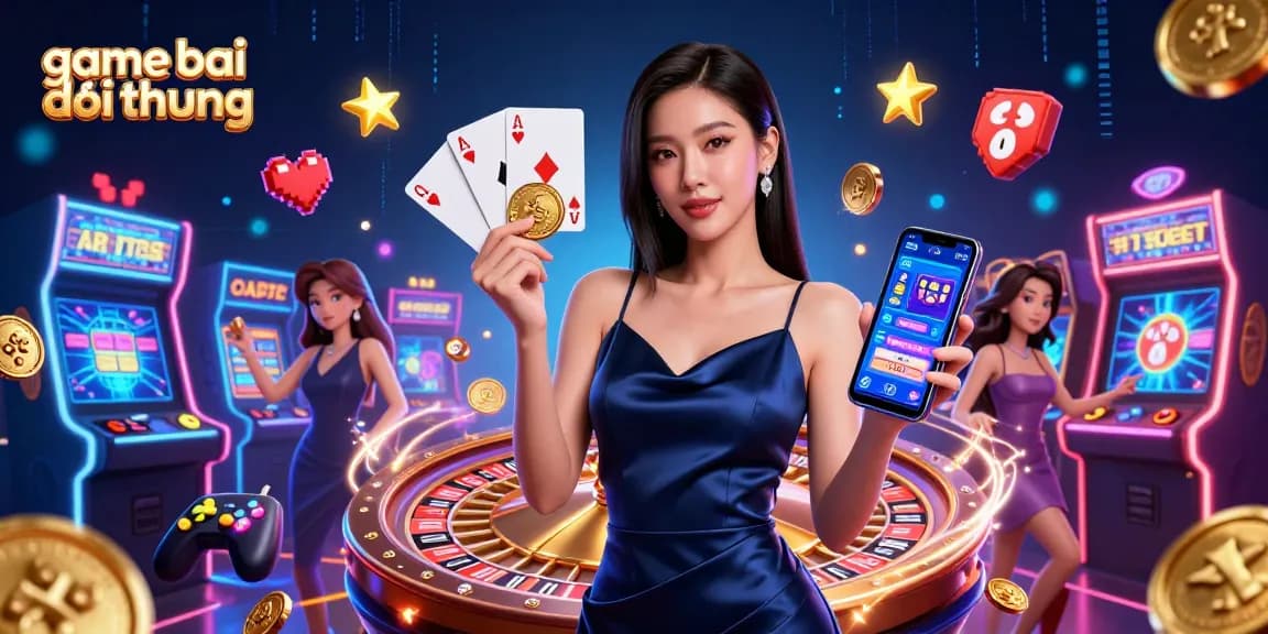 Experience thrilling game bai doi thuong with a confident woman interacting with casino elements.