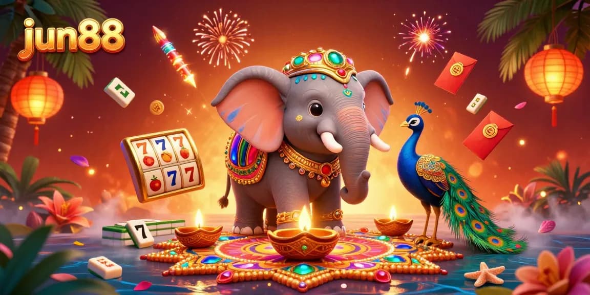 Experience the excitement of jun88's vibrant online casino with stunning 3D visuals of an elephant, peacock, and slot reels.