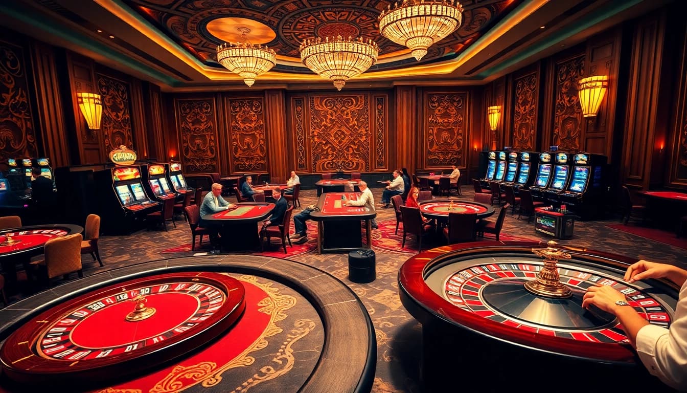 Experience the excitement of gambling at HM88 with vibrant casino tables and players in action.