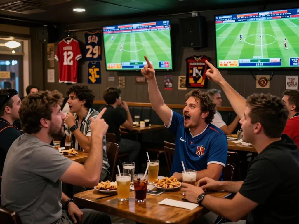Exciting sports betting experience at a lively bar showcasing 1gom's latest football odds and links