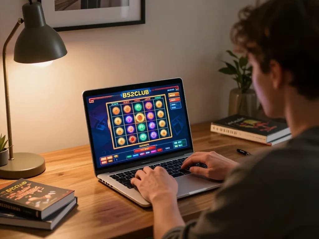 B52club player engaging in slot games at a stylish home gaming setup with vibrant screen