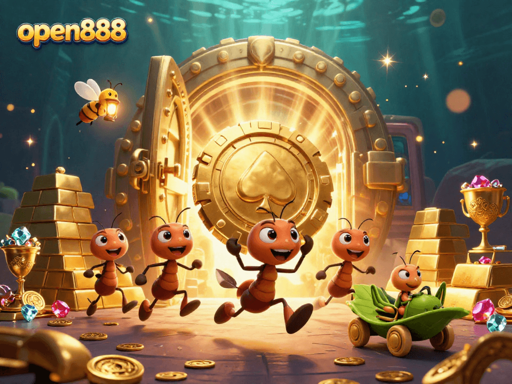 Join the open888 heist as ants carry a giant poker chip through a treasure vault tunnel.